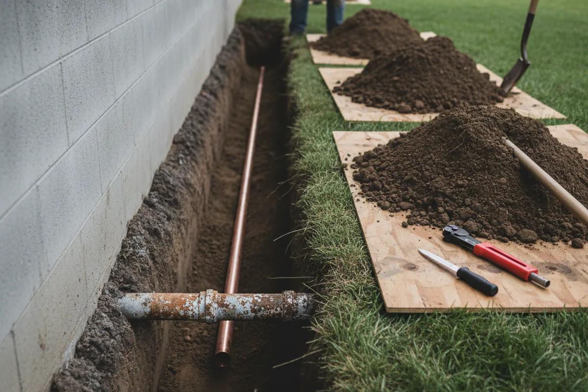 Excavated water line trench during Sewer Line Repair in Kenilworth
